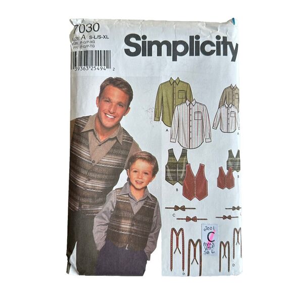 Simplicity 7030 Boys & Mens Shirt, Vest, Tie, Suspenders Size S-L/S-XL - Picture 1 of 2